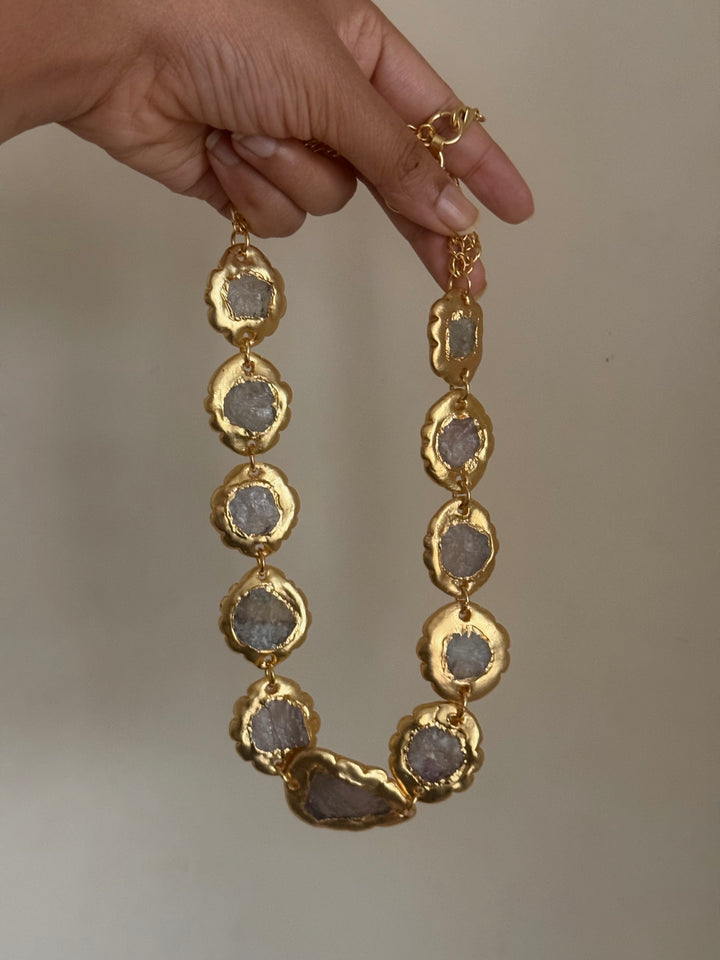 Handmade Raw Quartz Gold Embedded Necklace | Adjustable Lobster Claw Brass Statement Jewelry