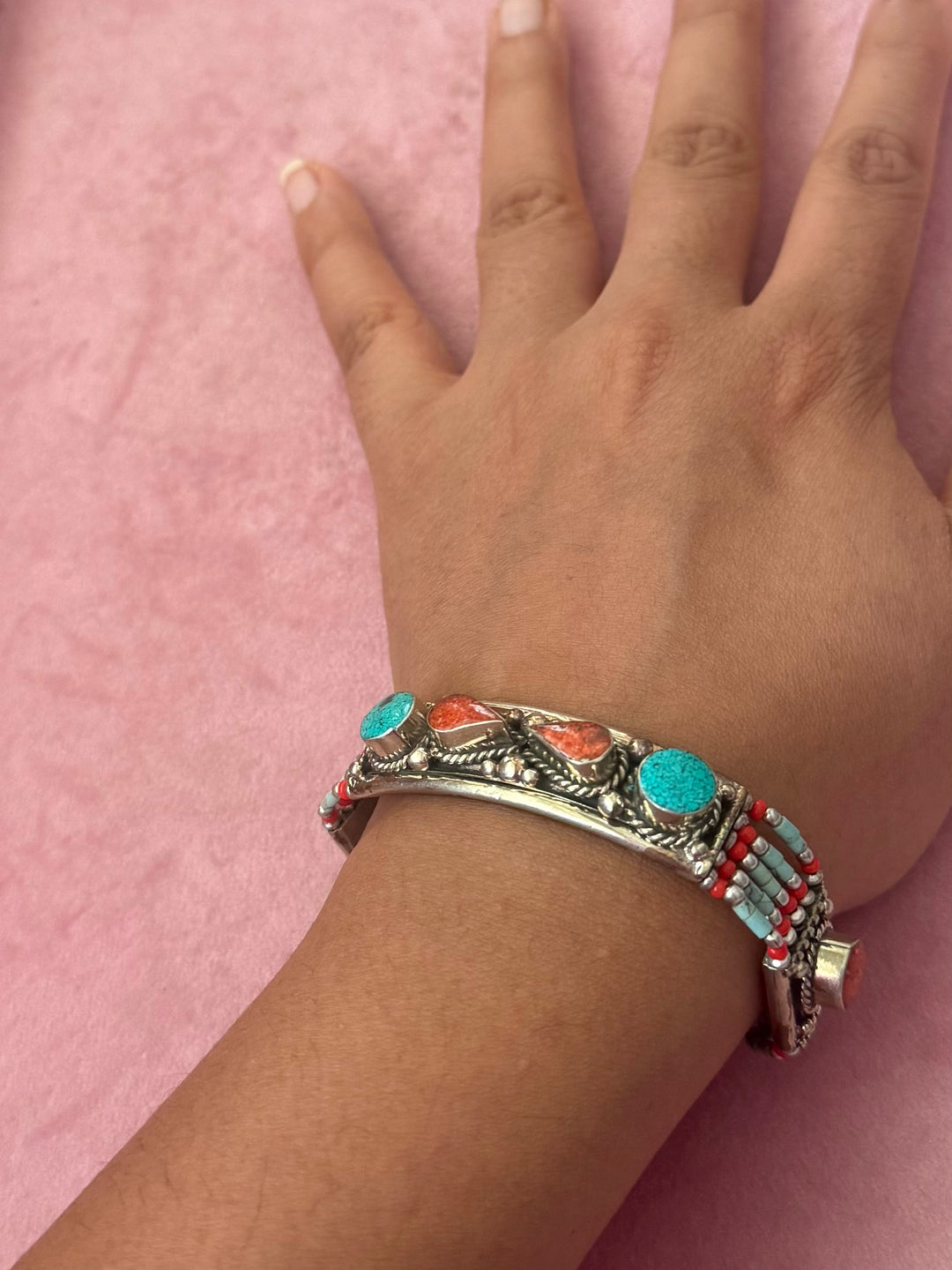 Handcrafted Turquoise and Coral German Silver Bracelet, Indian Jewelry