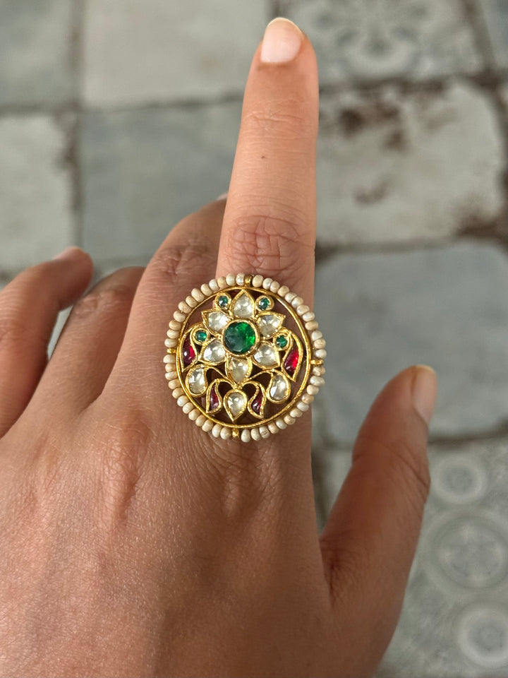 925 Silver Jadtar Gold Handmade Ring | Adjustable | SHIVKA