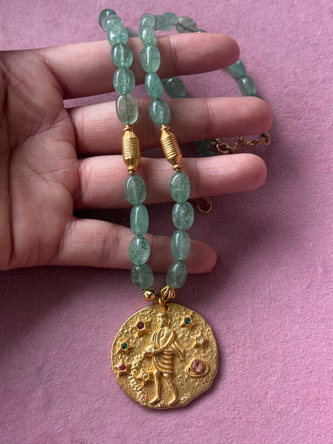 Handmade Aquarius Pendant Necklace with Natural Aventurine | Gold Polish Brass Zodiac Jewelry