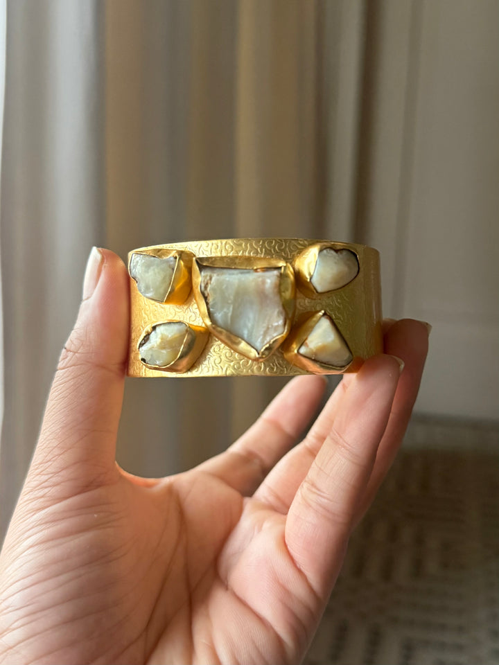 Exquisite White Raw Opal Stone Studded Brass Open Cuff - Unparalleled Quality and Style