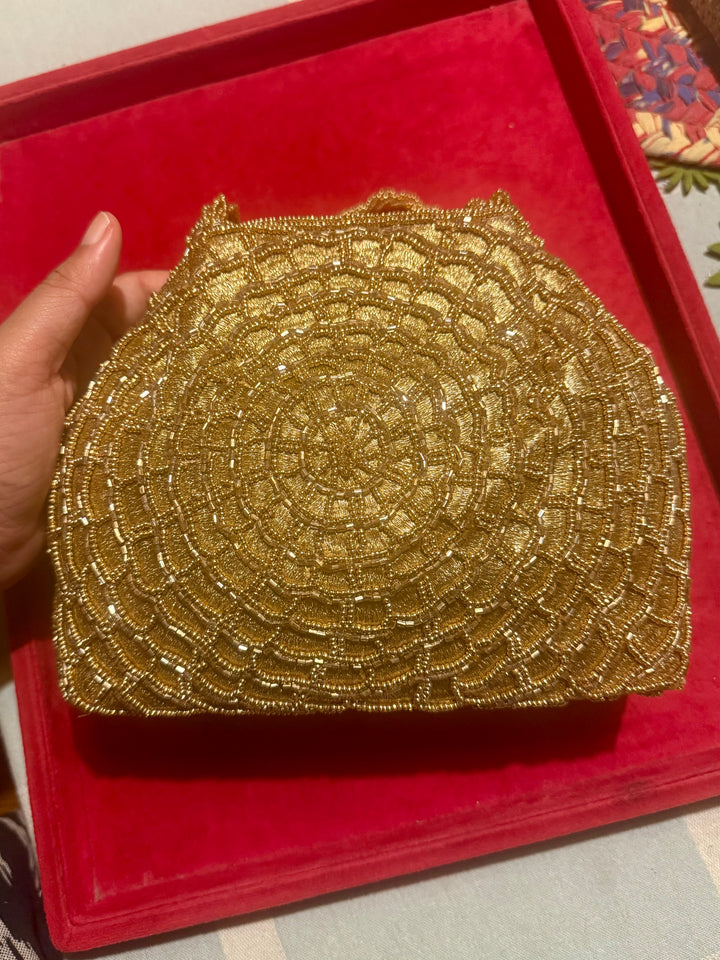 Handmade Champagne Gold Web Frame Beaded Hand Purse | Vintage Statement Evening Clutch | Artisan Embroidered Bag