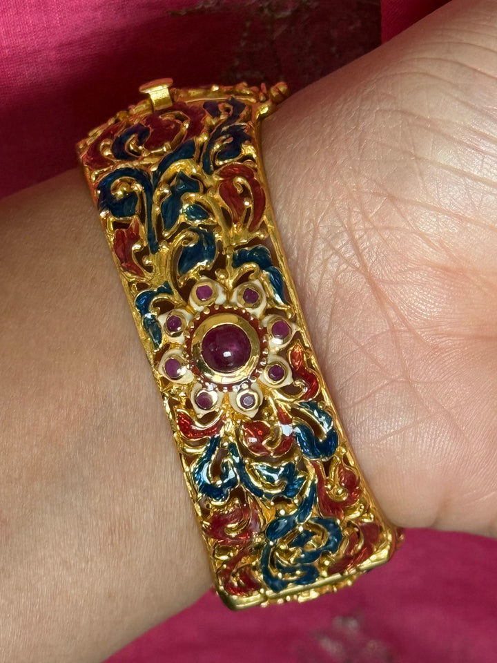925 Silver Natural Ruby Oval Stone Kada by SHIVKA, Gold Plated Bikaner Artisanal Enamel Bangle
