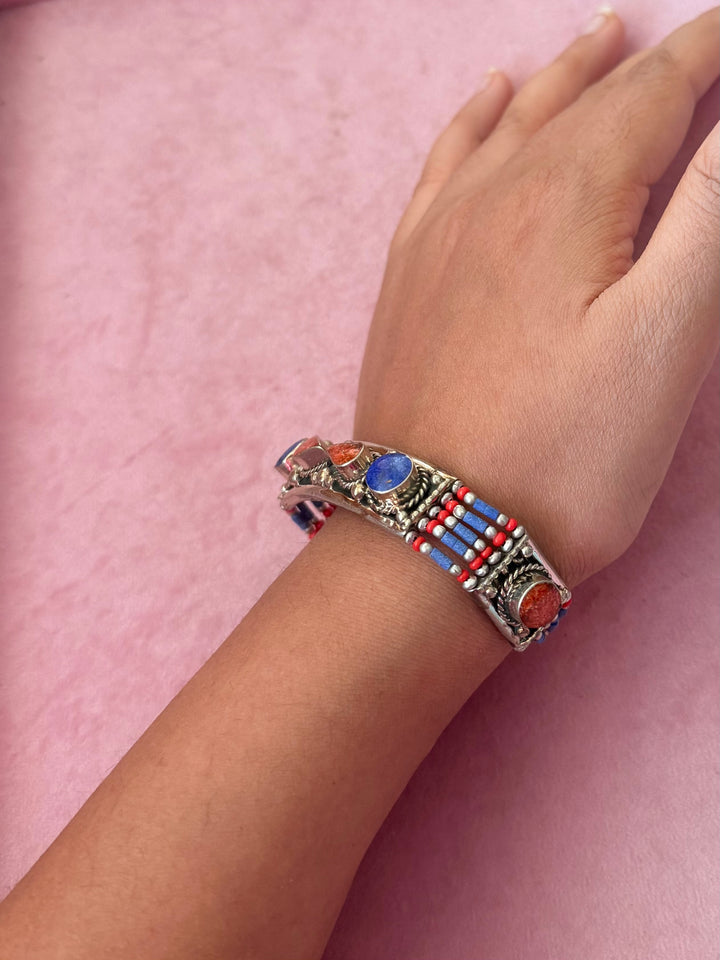 Handcrafted Lapis Lazuli and Coral German Silver Bracelet, Indian Jewelry
