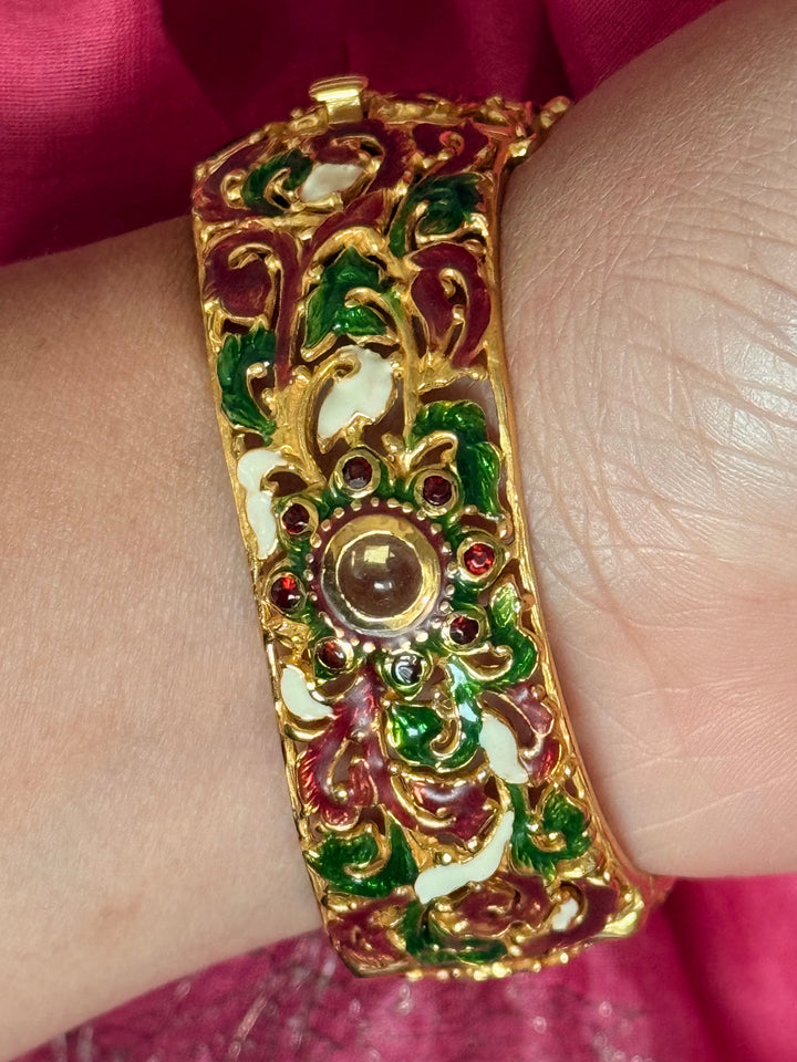 SHIVKA 925 Silver Meenakari Kada | Natural Topaz Stone | Gold Plated | Openable | 60g