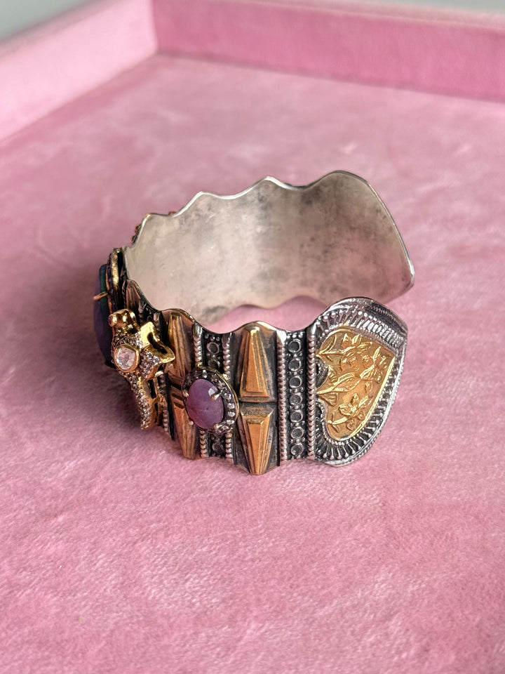 SHIVKA Fusion Moissanite 925 Silver Cuff Kada | Dual Tone Mesh Design | Openable | 65g