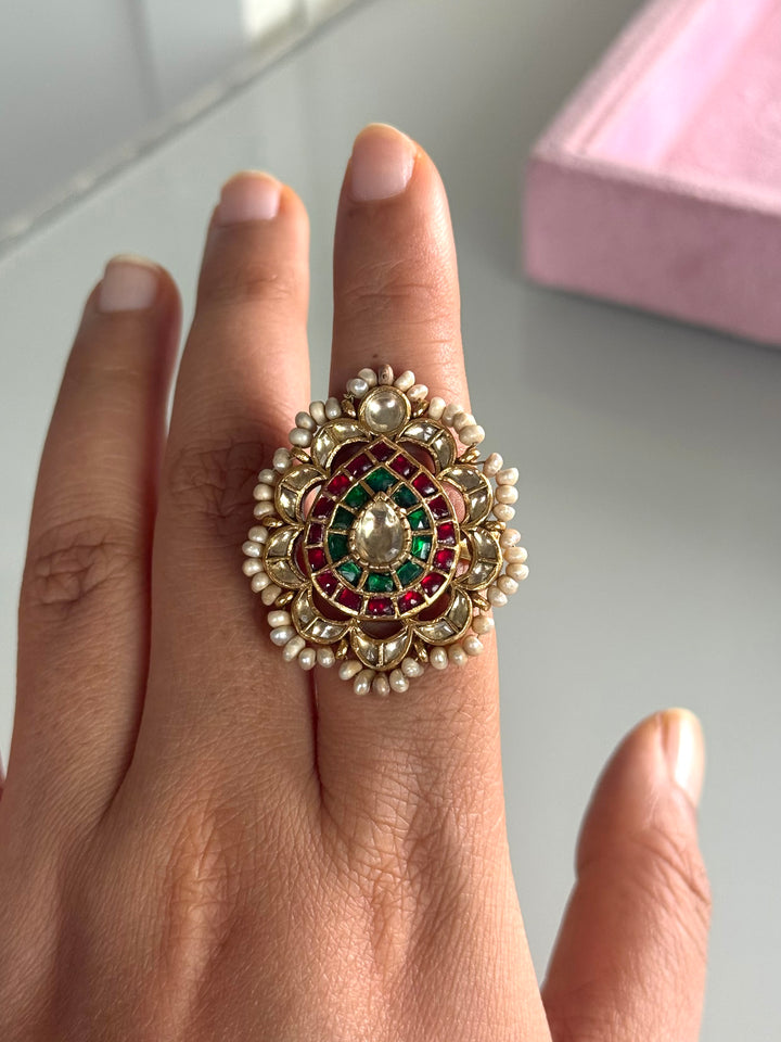925 Silver Jadtar Gold Handmade Ring | Adjustable | SHIVKA