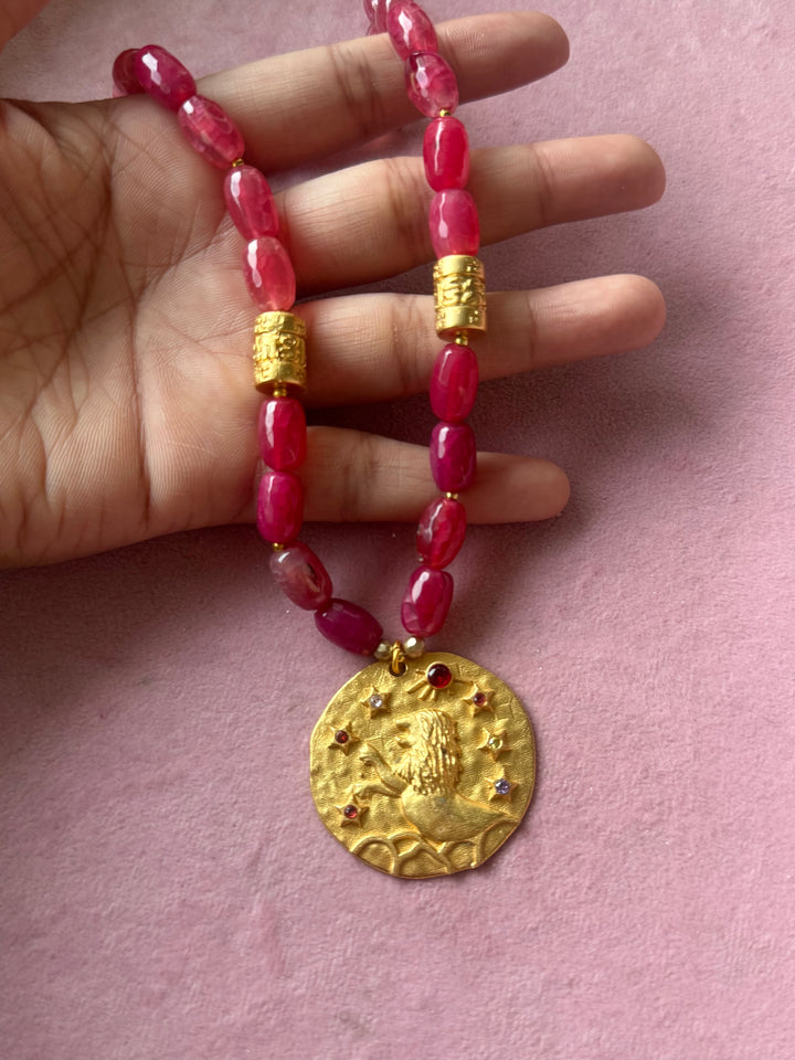 Handmade Leo Pendant Necklace with Natural Aventurine | Gold Polish Brass Short Statement Necklace