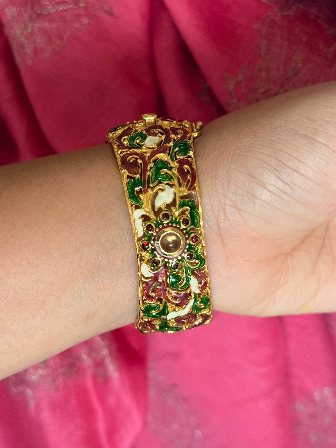 SHIVKA 925 Silver Meenakari Kada | Natural Topaz Stone | Gold Plated | Openable | 60g