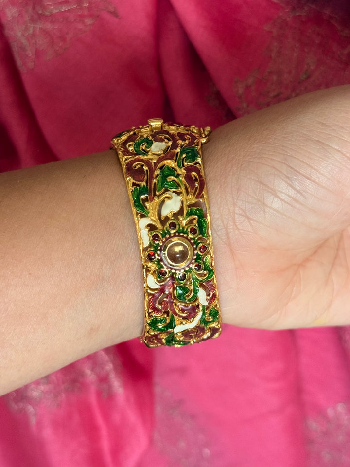 SHIVKA 925 Silver Meenakari Kada | Natural Topaz Stone | Gold Plated | Openable | 60g