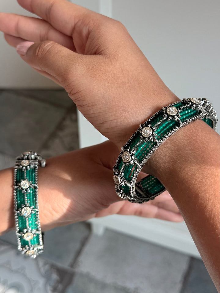 SHIVKA SAANJ 925 Silver Fusion Bangles | Set of 2 | CZ Stones | Artisan Crafted | 93g