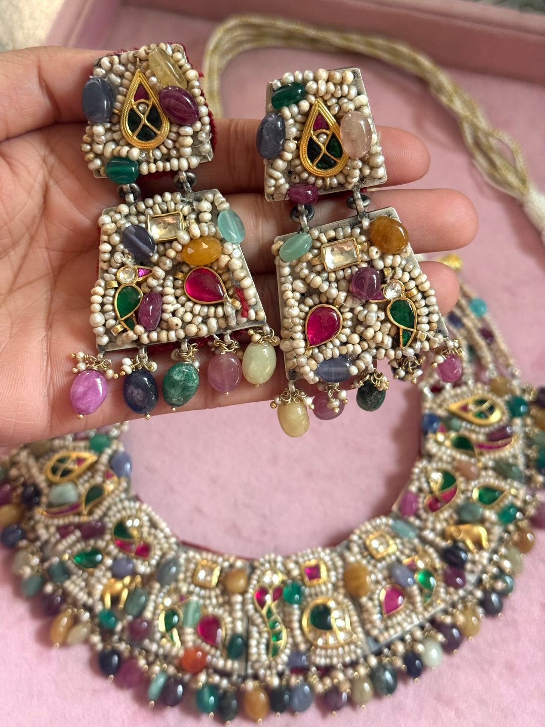 Handmade 925 Silver Nakhra Gemstone Necklace Set | SHIVKA