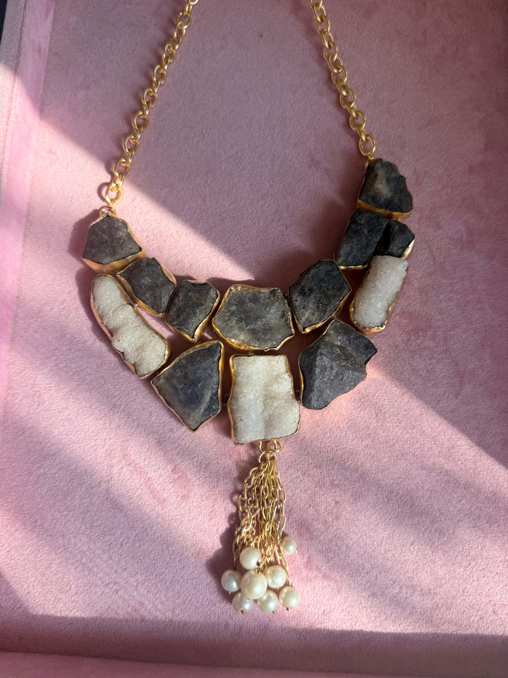 Handmade Raw Quartz & Pearl Necklace | Gold Polish Brass Adjustable Statement Jewelry