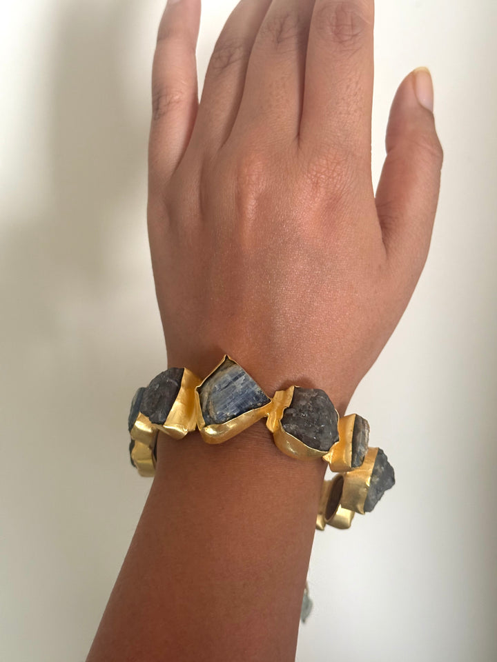 SHIVKA Designer Brass Tassel Cuff | Raw Druzy Chalcedony Stones | Gold Polish | 72g