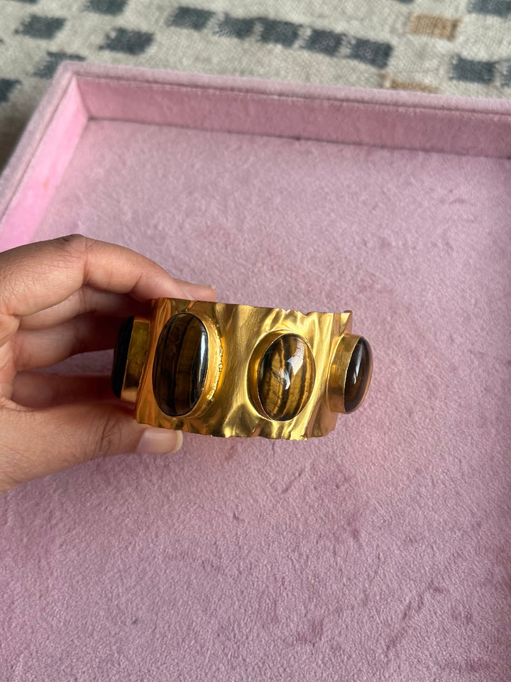 SHIVKA Designer Stone Brass Cuff | Adjustable Open Bracelet | Statement Festive Wear | 52g