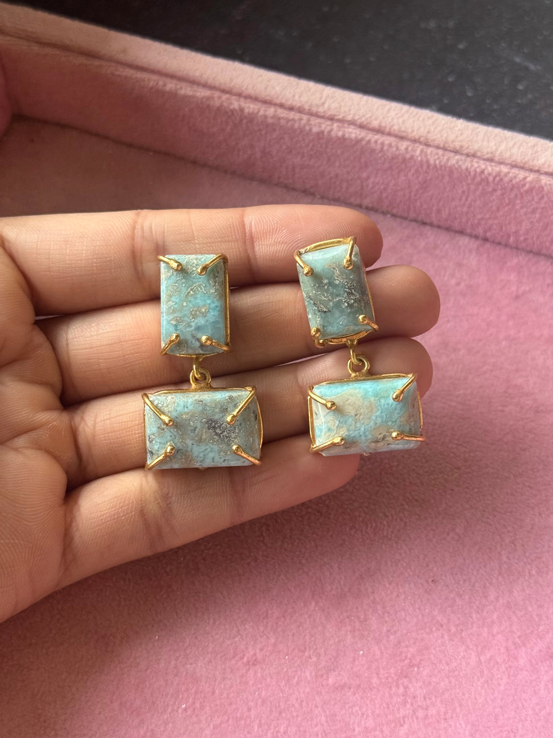 Handmade Natural Larimar Stone Earrings | SHIVKA | Gold Polished Brass | 4x2 cm | 20g Pair | Push Back
