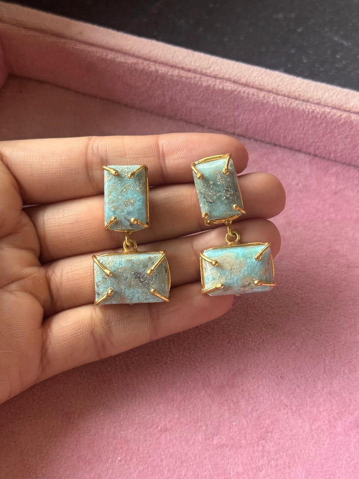 Handmade Natural Larimar Stone Earrings | SHIVKA | Gold Polished Brass | 4x2 cm | 20g Pair | Push Back