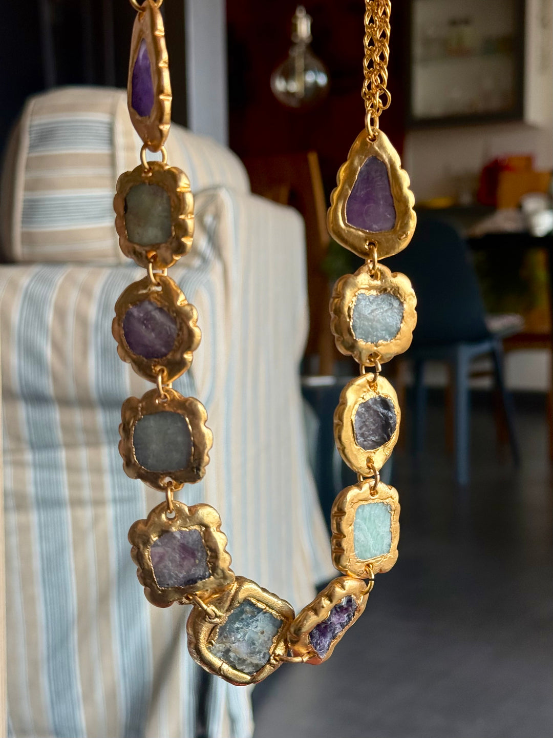 Handmade Raw Stone Gold Embedded Necklace | Adjustable Lobster Claw Brass Statement Jewelry