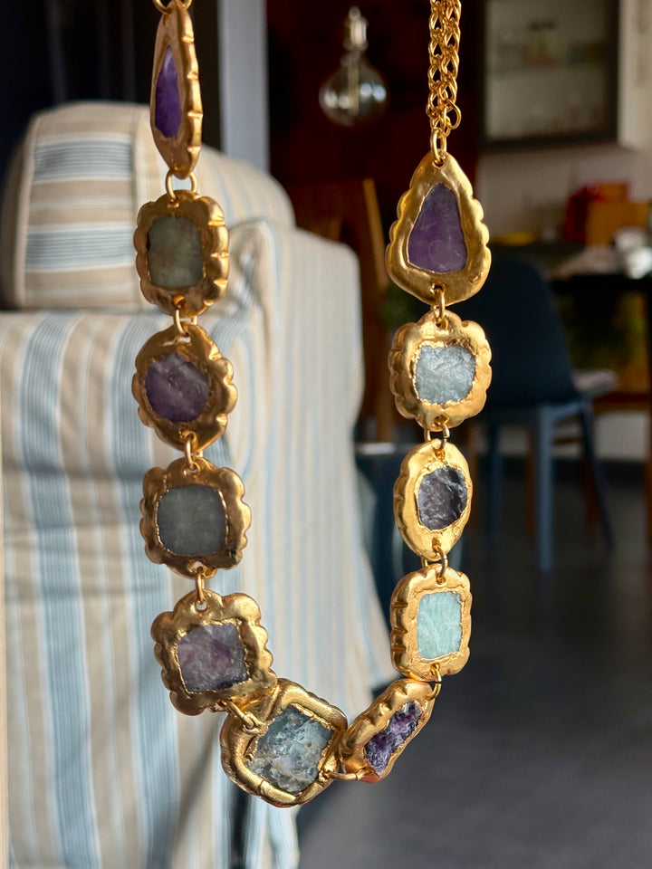 Handmade Raw Stone Gold Embedded Necklace | Adjustable Lobster Claw Brass Statement Jewelry