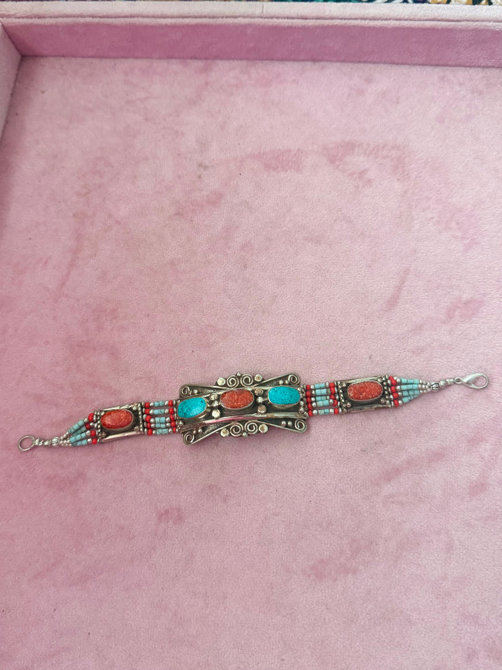 Handcrafted Turquoise and Coral German Silver Bracelet, Indian Jewelry