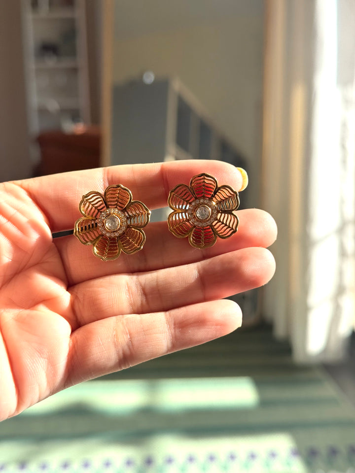925 Silver Polki Studs | SHIVKA | Antique Gold CZ Festive Elegance