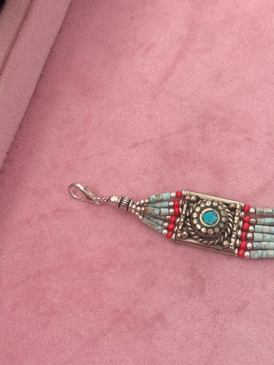 Handcrafted Turquoise and Coral German Silver Bracelet, Indian Jewelry