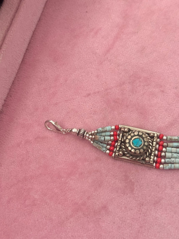 Handcrafted Turquoise and Coral German Silver Bracelet, Indian Jewelry
