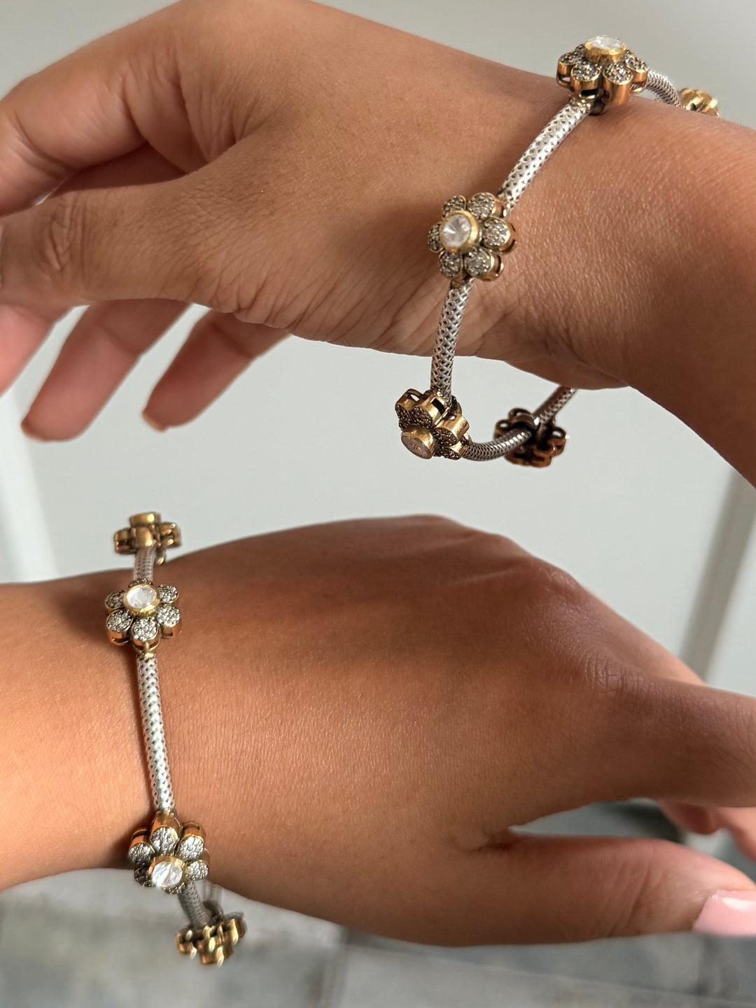 SHIVKA 925 Silver Fusion Bangles | Set of 2 | CZ Stones | Artisan Crafted | 47g