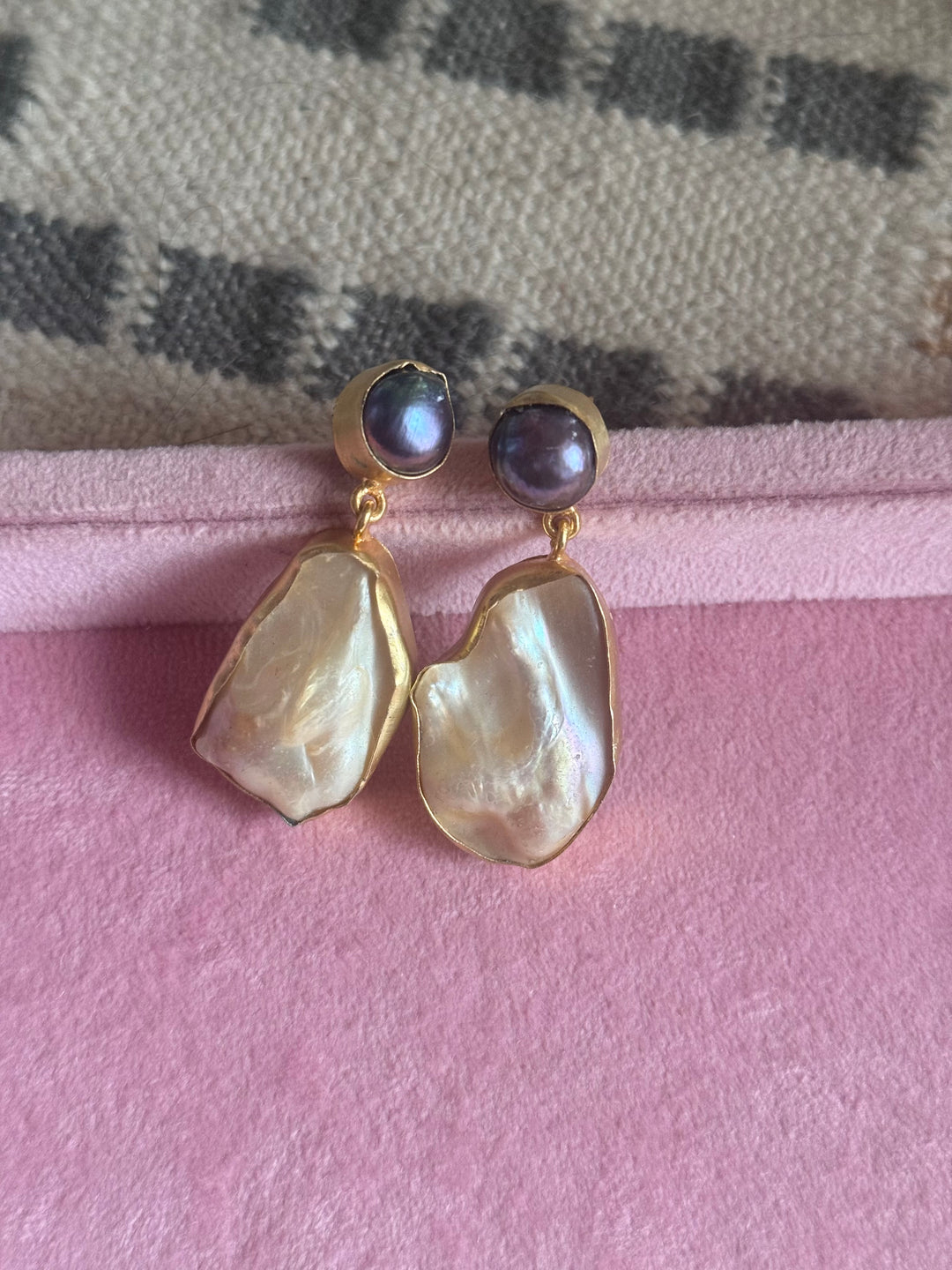 Handmade Labradorite & Pearl Statement Earrings | Brass Push Back Jewelry