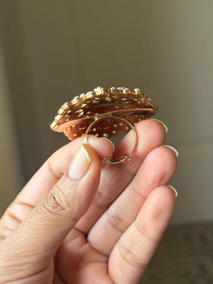 Statement Ruby and Emerald Jadau Ring | 18k Gold Plated | Copper & Semi-Precious Stones