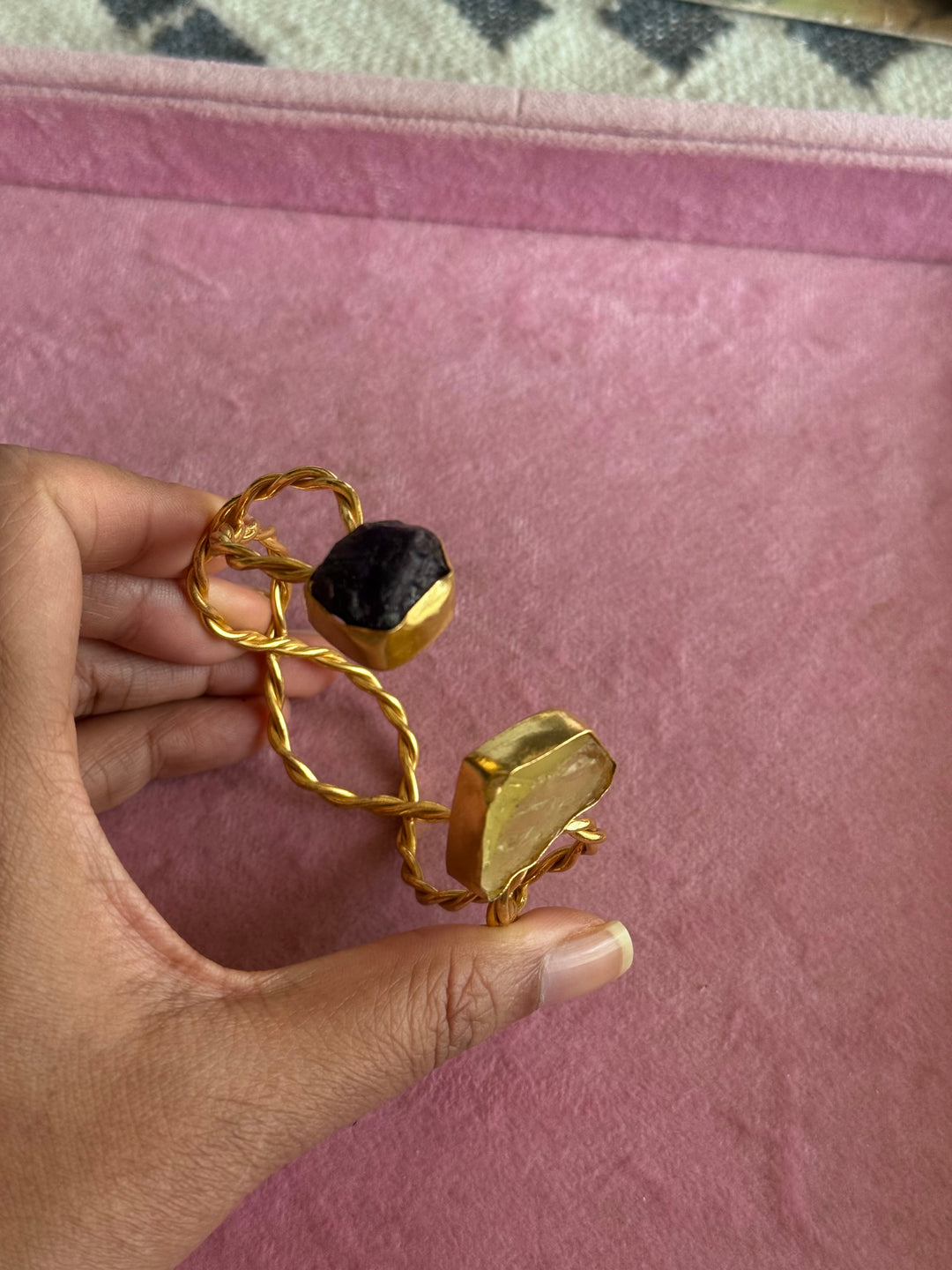 Raw Stone Cuff Bracelet, Gold Polish Brass, Adjustable