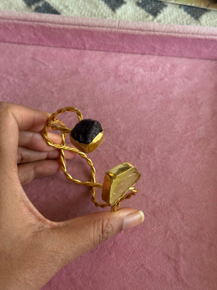 Raw Stone Cuff Bracelet, Gold Polish Brass, Adjustable