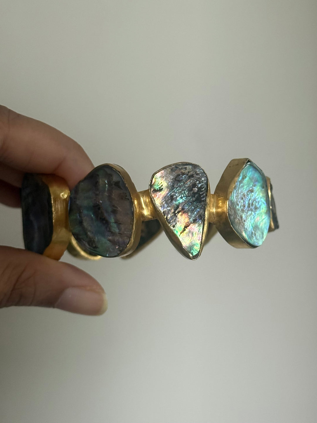SHIVKA Designer Brass Abalone Cuff | Gold Polish | Natural Abalone Stones | Adjustable | 30g