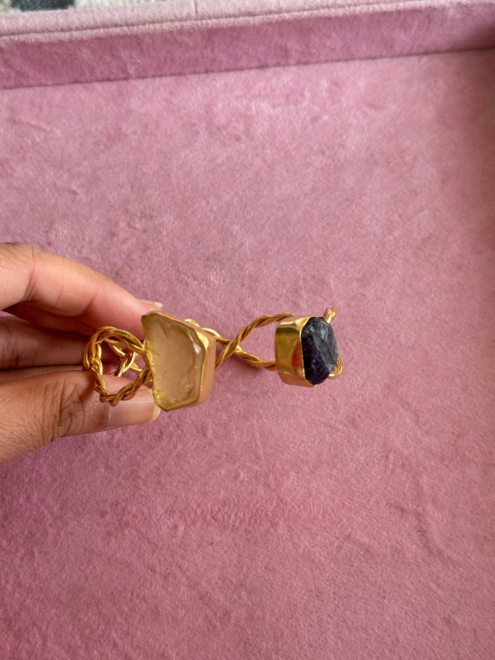 Raw Stone Cuff Bracelet, Gold Polish Brass, Adjustable