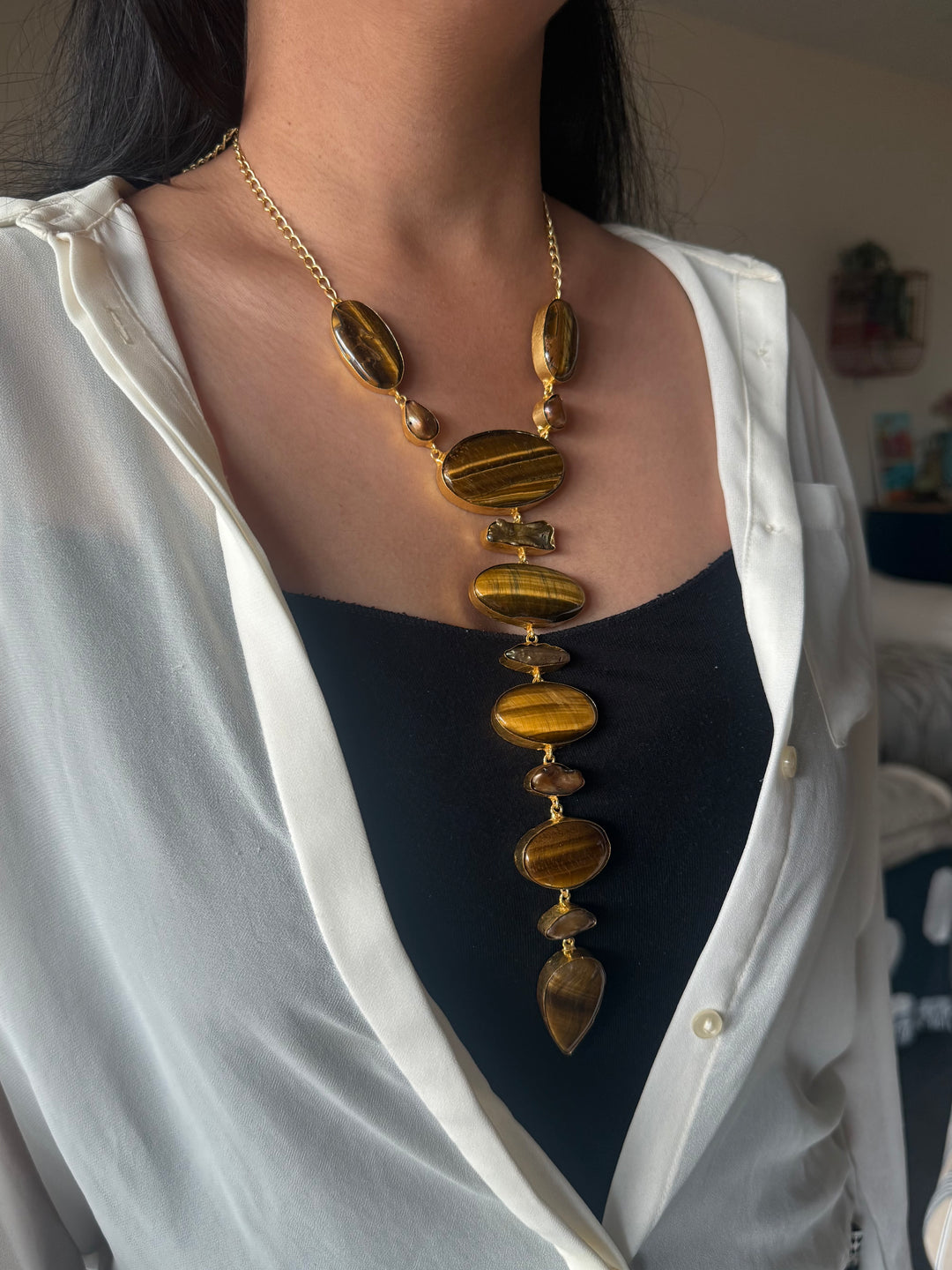 Handmade Raw Tiger Eye Stone Tie Necklace | Gold Polish Brass Adjustable Hook Closure Statement Jewelry