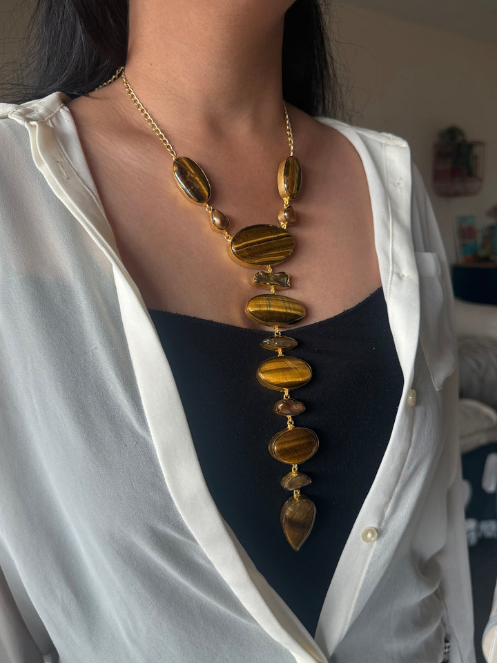 Handmade Raw Tiger Eye Stone Tie Necklace | Gold Polish Brass Adjustable Hook Closure Statement Jewelry
