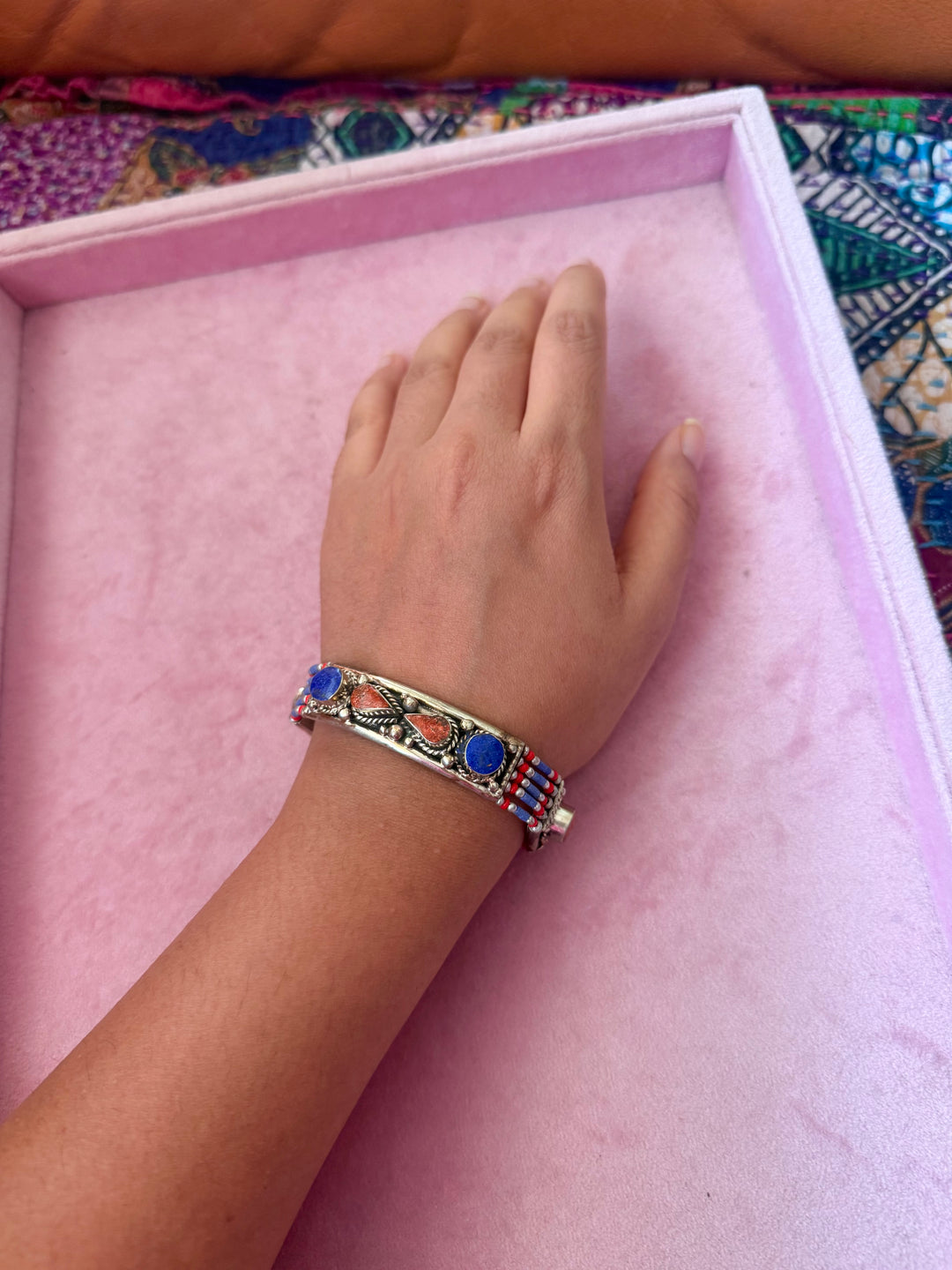 Handcrafted Lapis Lazuli and Coral German Silver Bracelet, Indian Jewelry