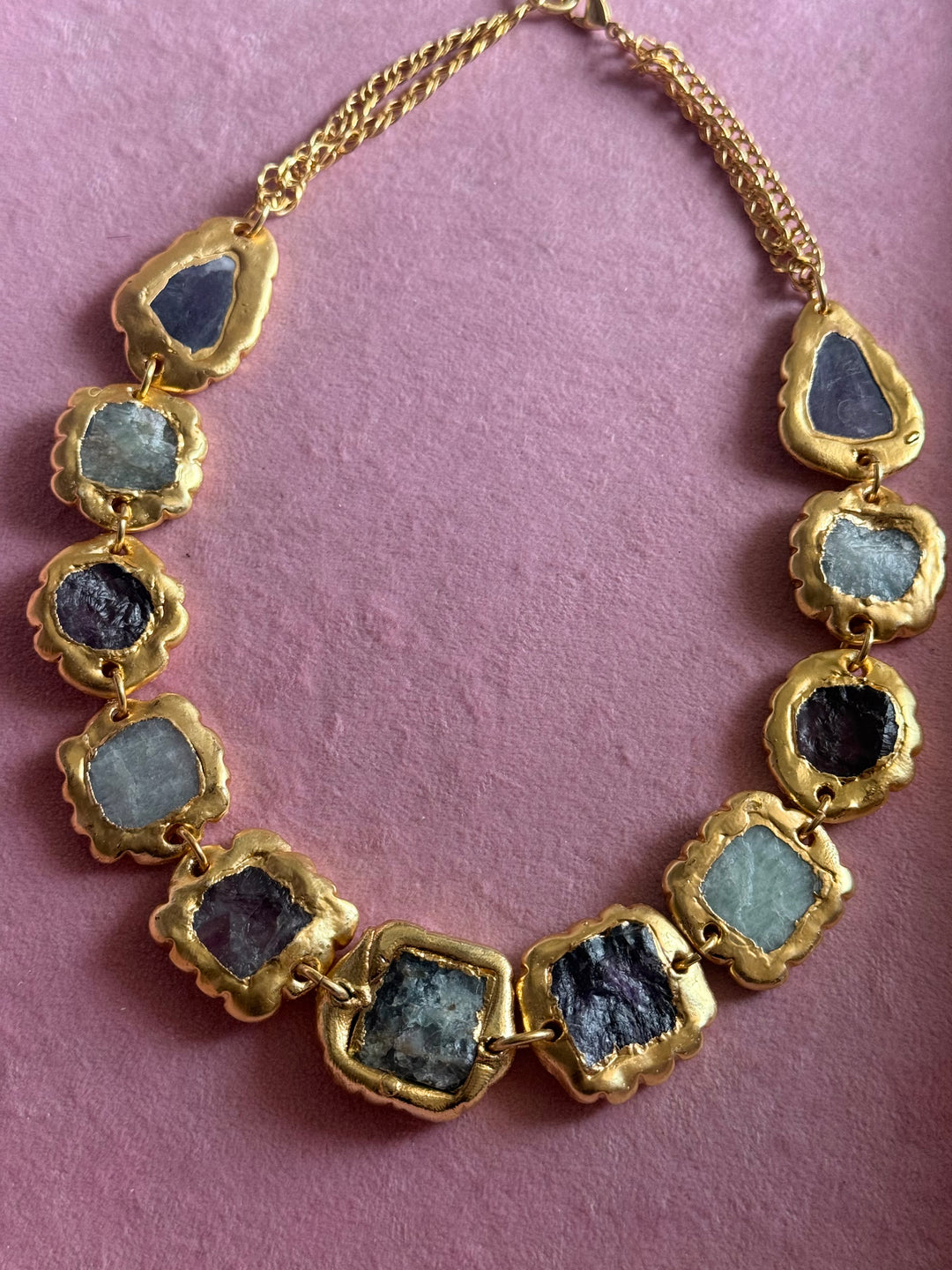 Handmade Raw Stone Gold Embedded Necklace | Adjustable Lobster Claw Brass Statement Jewelry