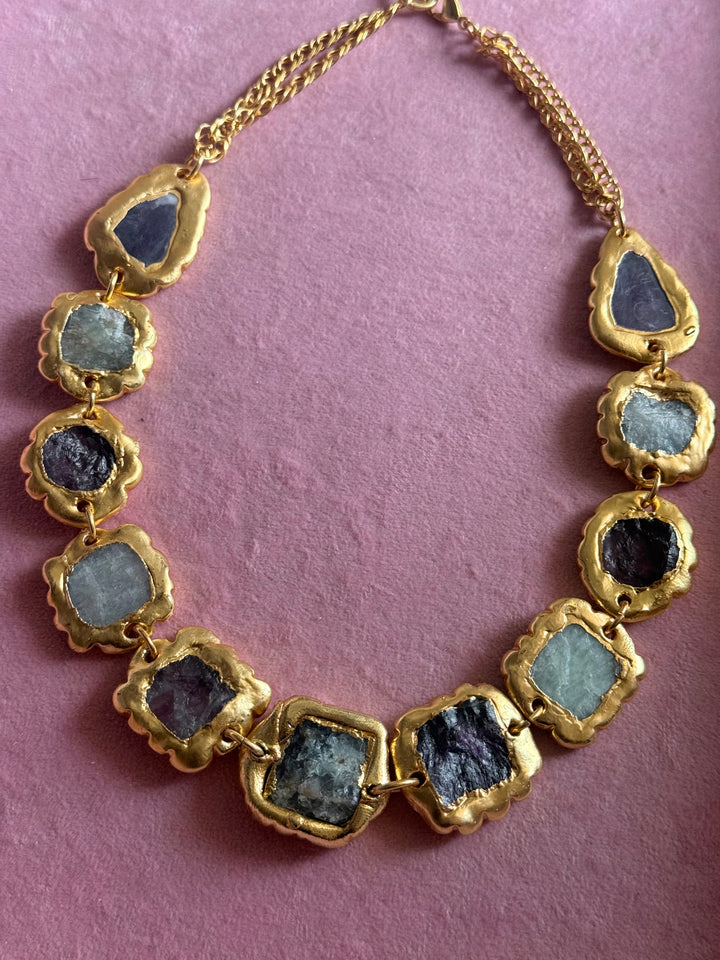 Handmade Raw Stone Gold Embedded Necklace | Adjustable Lobster Claw Brass Statement Jewelry