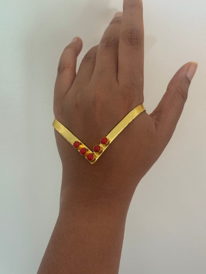 SHIVKA Coral Hand Harness | Brass Gold Polish | Natural Coral Stone | Handcrafted | 14g