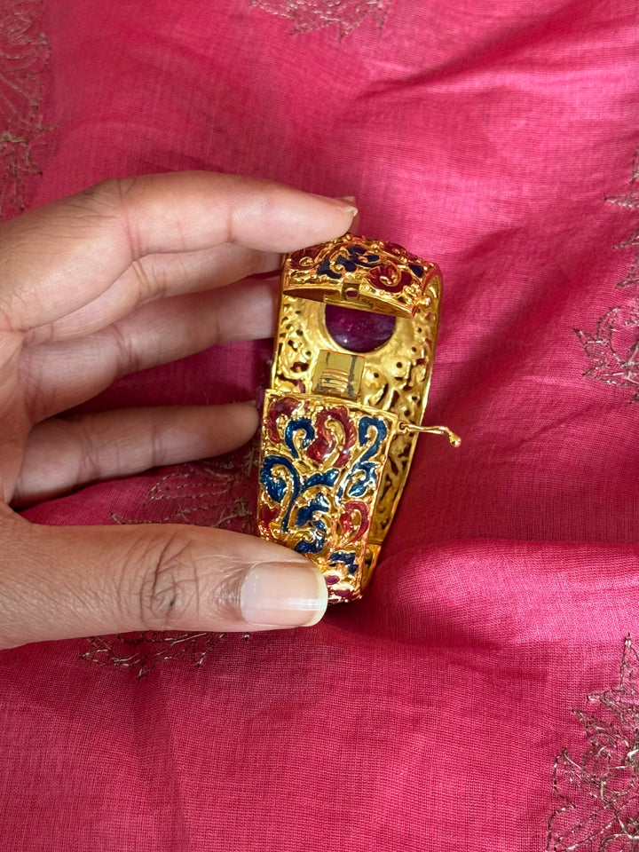 925 Silver Natural Ruby Oval Stone Kada by SHIVKA, Gold Plated Bikaner Artisanal Enamel Bangle