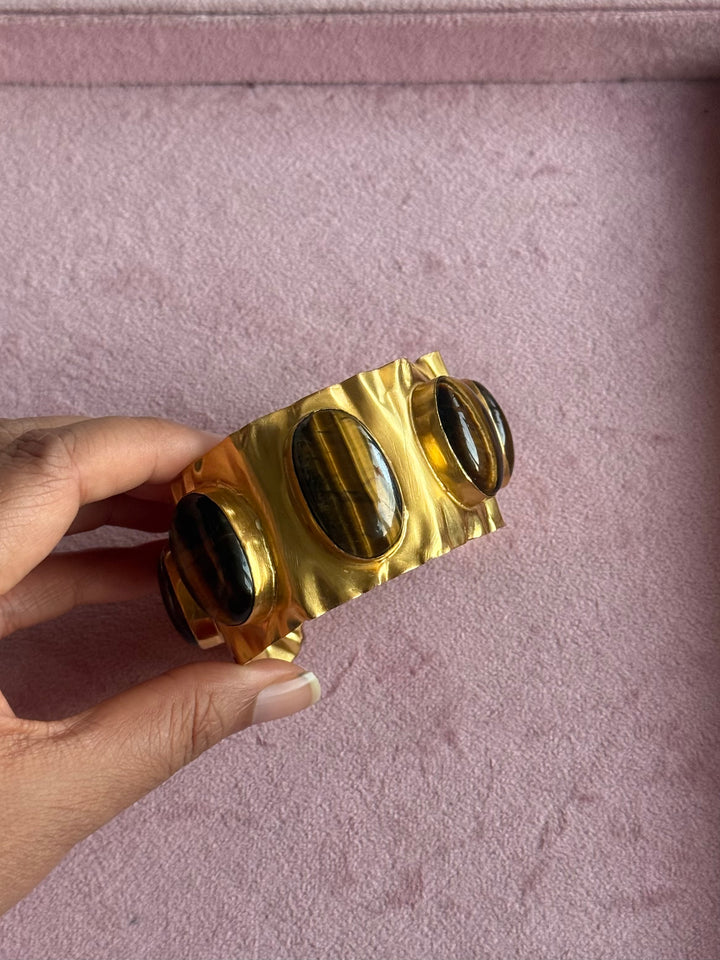 SHIVKA Designer Stone Brass Cuff | Adjustable Open Bracelet | Statement Festive Wear | 52g