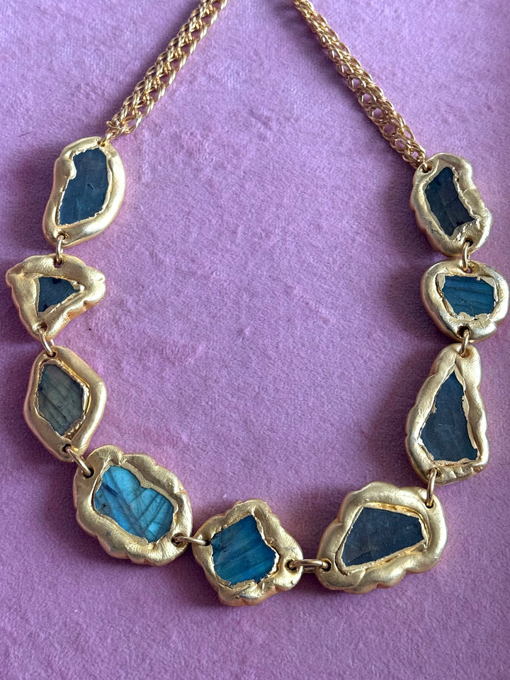 Handmade Raw Labradorite Gold Embedded Necklace | Adjustable Lobster Claw Brass Statement Jewelry