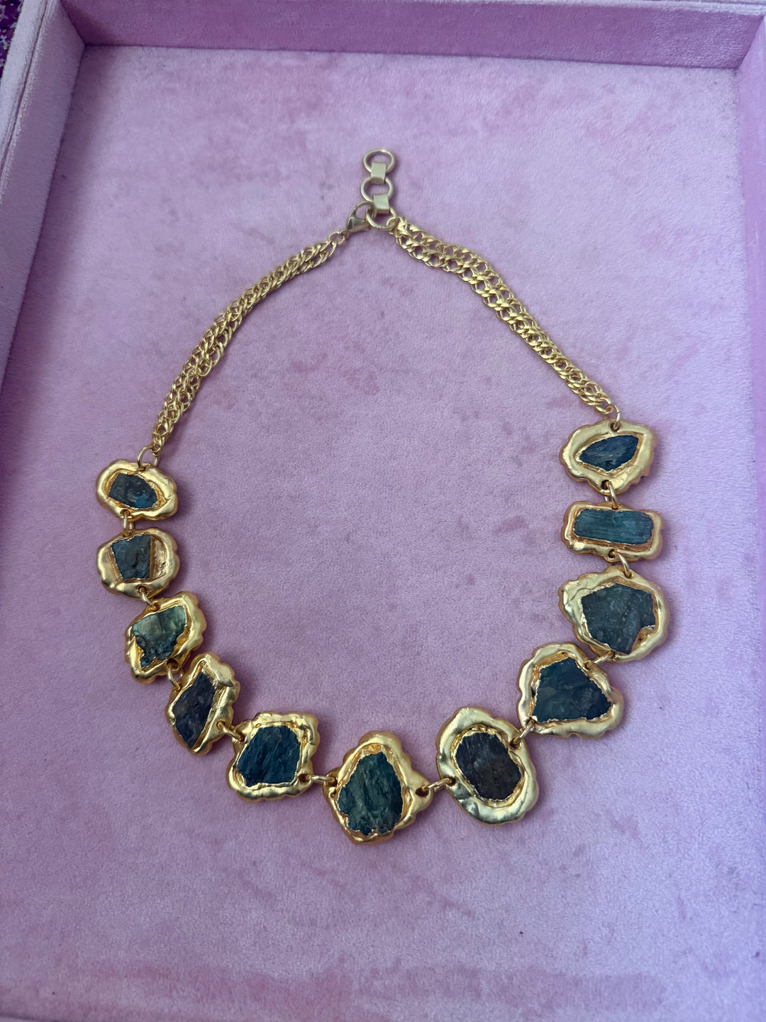 Handmade Natural Stones Gold Embedded Necklace | Adjustable Lobster Claw Brass Statement Jewelry