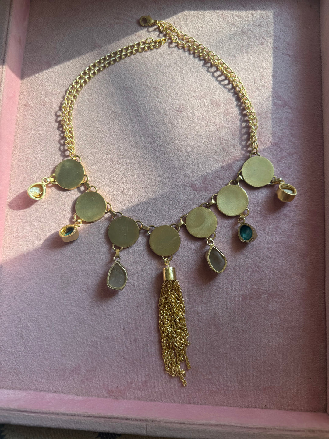 Handmade Raw Stone Coin Necklace | Gold Polish Brass Adjustable Statement Jewelry