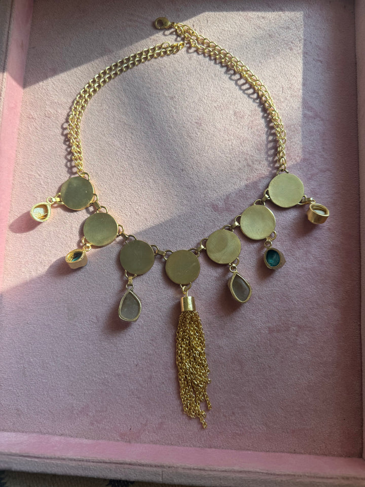 Handmade Raw Stone Coin Necklace | Gold Polish Brass Adjustable Statement Jewelry