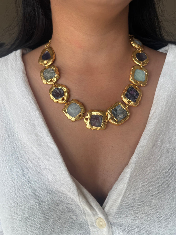 Handmade Raw Stone Gold Embedded Necklace | Adjustable Lobster Claw Brass Statement Jewelry