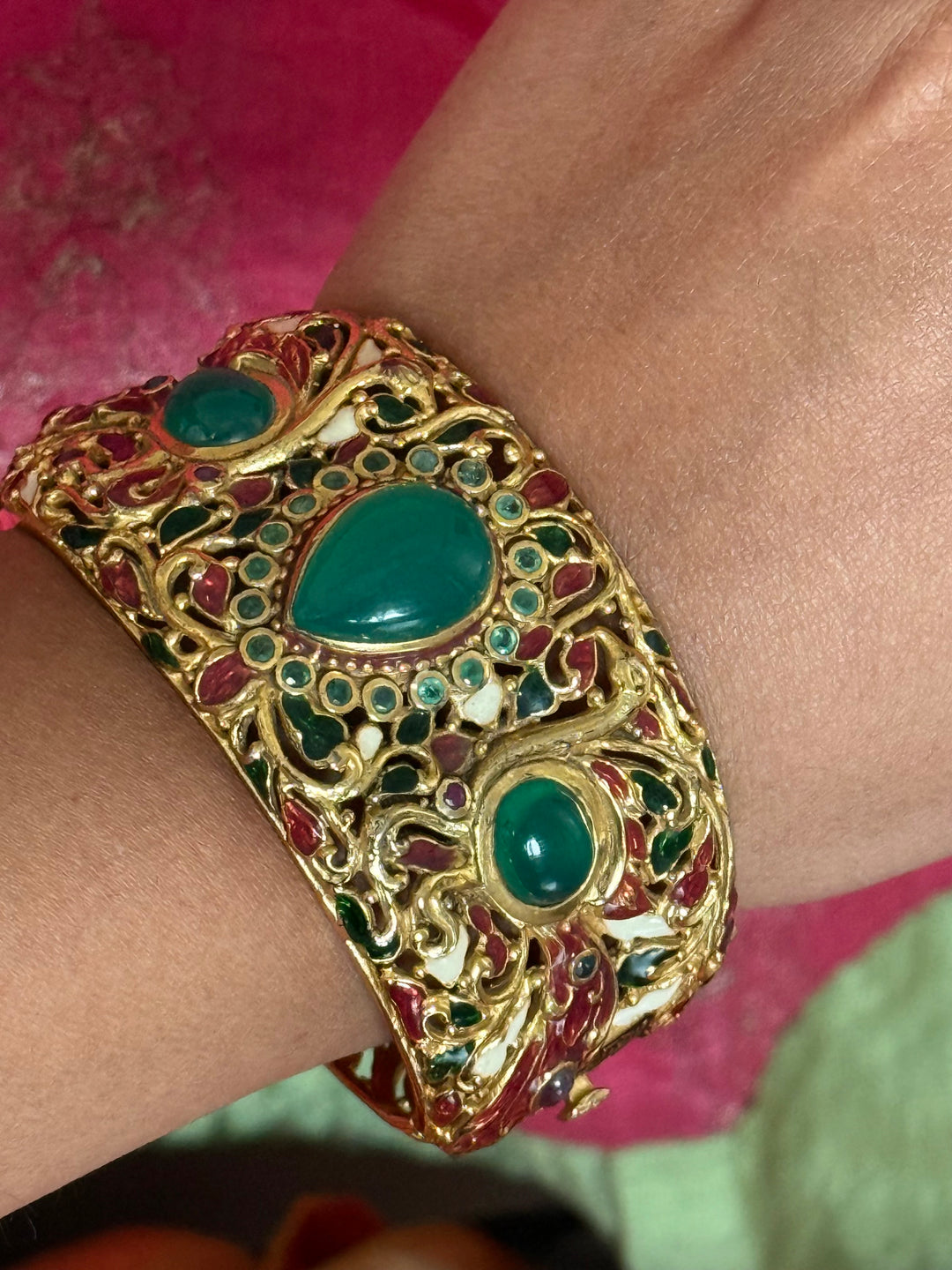 925 Silver Green Onyx Kada by SHIVKA, Gold Plated Bikaner Artisanal Enamel Bangle