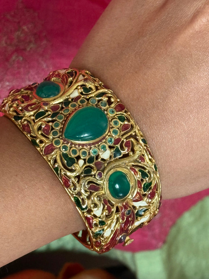 925 Silver Green Onyx Kada by SHIVKA, Gold Plated Bikaner Artisanal Enamel Bangle