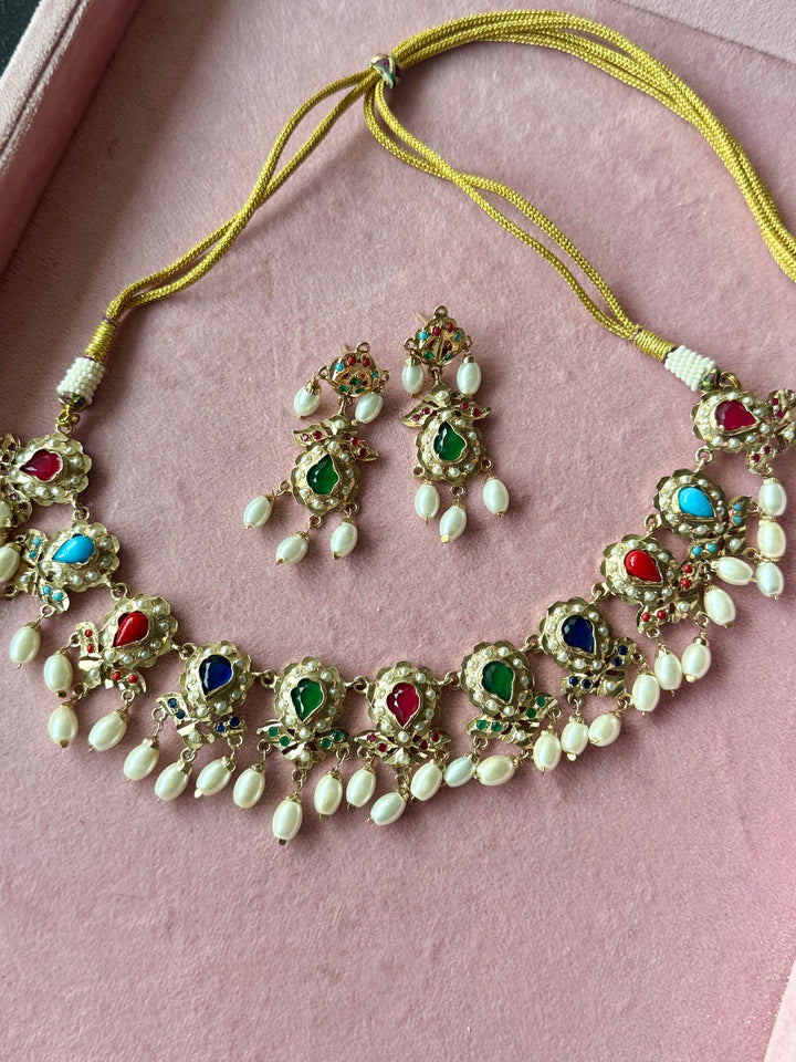 Statement Jadau Necklace Set | 18k Gold Plated | Copper & Semi-Precious Stones